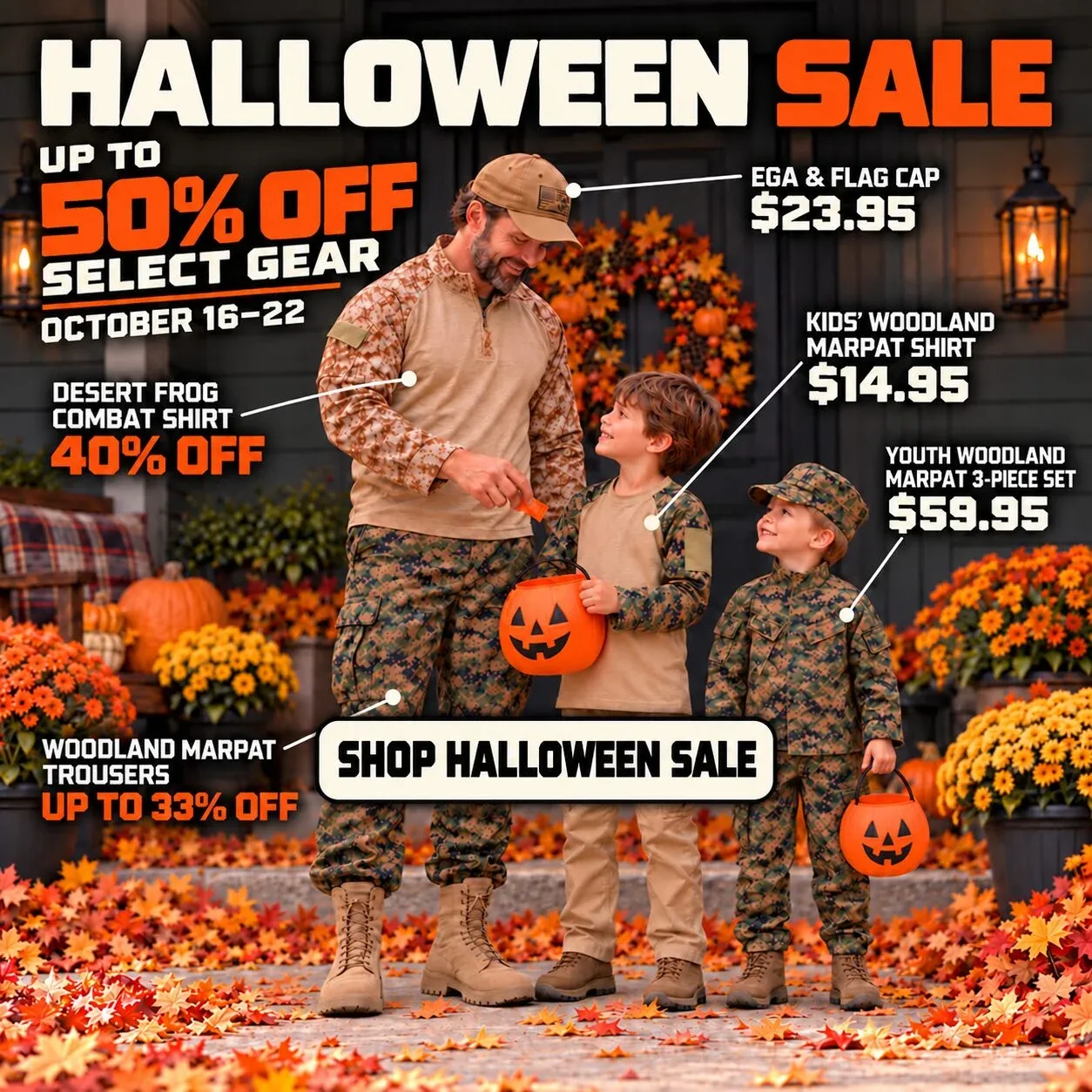 Halloween Sale, October 16–22 — up to 50% off select gear. A family wearing camouflage. Shop Halloween Sale.