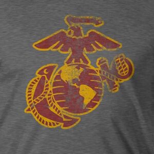 a vintage look Eagle, Globe, and Anchor in red and yellow on a gray Marines shirt