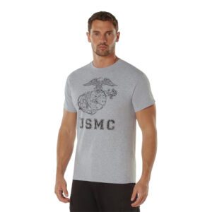 a Marine wearing a gray USMC shirt