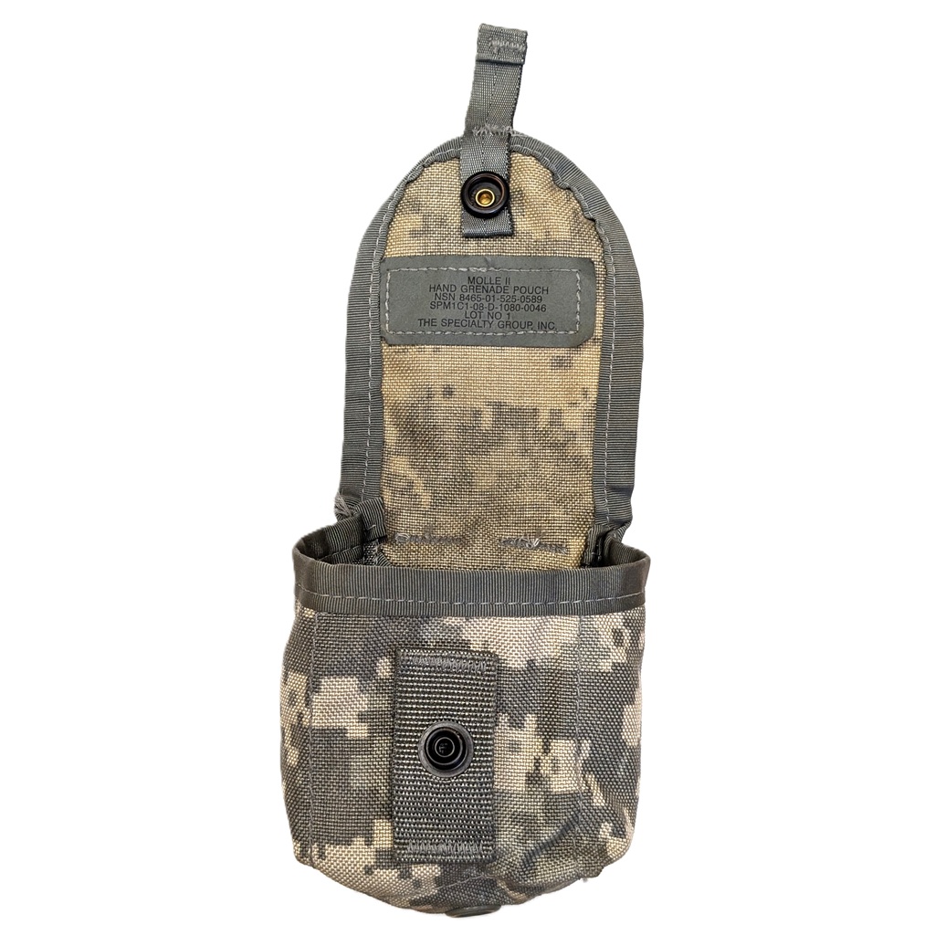 an Army ACU, UCP camouflage grenade pouch for M67 frag grenades