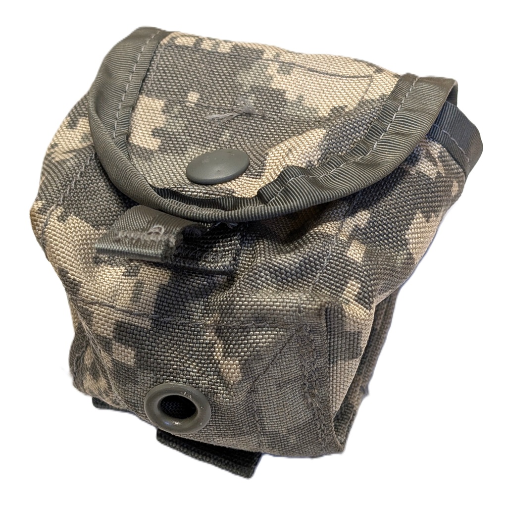 an Army ACU, UCP camouflage grenade pouch for M67 frag grenades