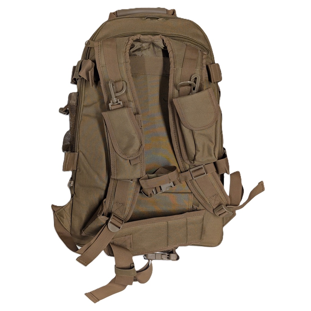 a coyote brown military-inspired MOLLE-compatible backpack