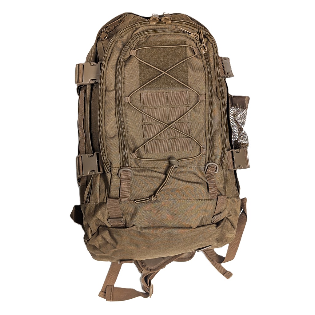 a coyote brown military-inspired MOLLE-compatible backpack