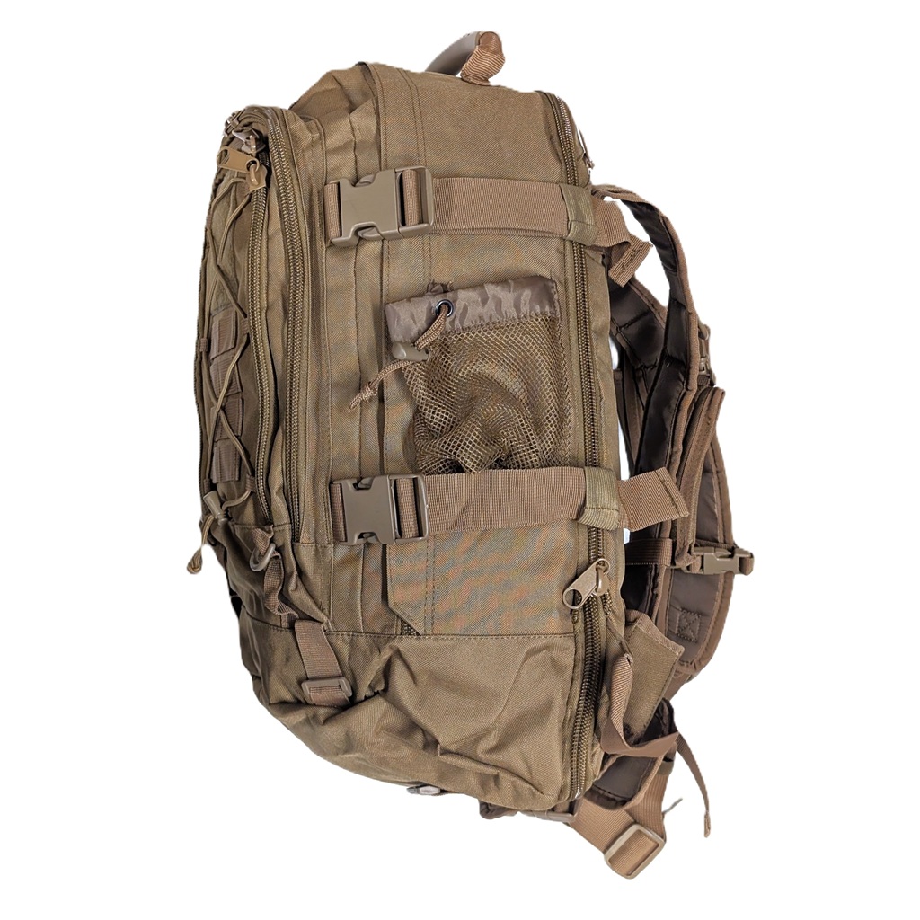 a coyote brown military-inspired MOLLE-compatible backpack