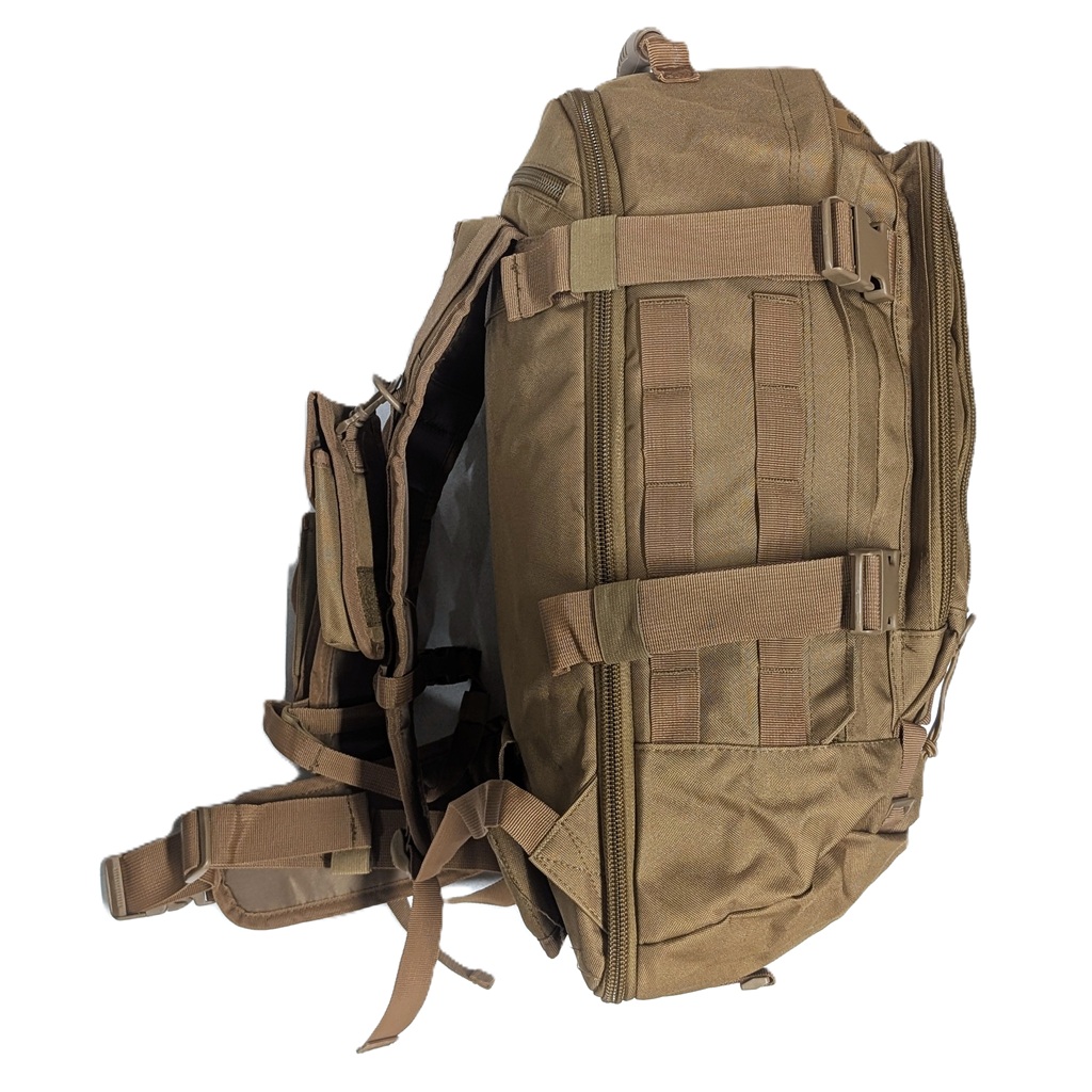 a coyote brown military-inspired MOLLE-compatible backpack