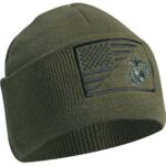a green US Marine Corps watch cap (beanie) with a USA flag and an EGA