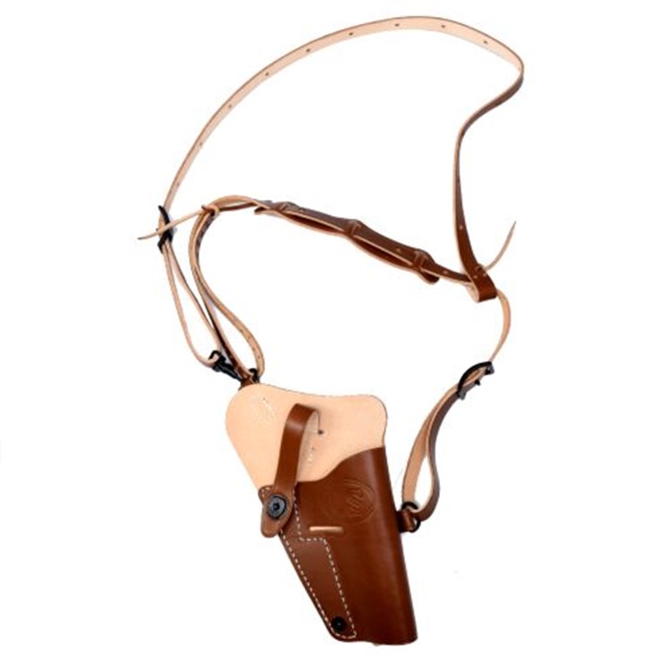 a dark brown leather shoulder pistol holster