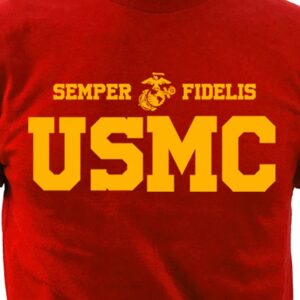 a red USMC shirt with an EGA and Semper Fi in bold black text