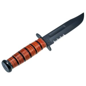 a serrated Marine Corps KABAR combat knife with a black blade and brown leather handle