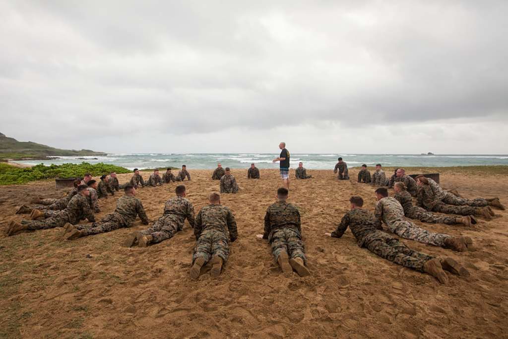 USMC grunts stretching after workout