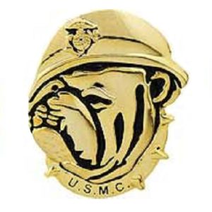 a gold Marine Corps bulldog pin with helmet and EGA
