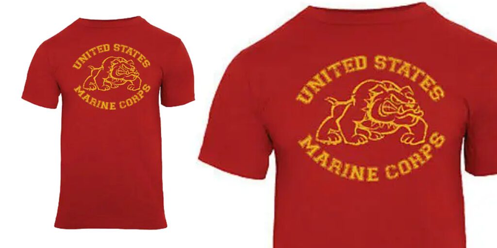 a red and yellow Marine Corps bulldog t-shirt