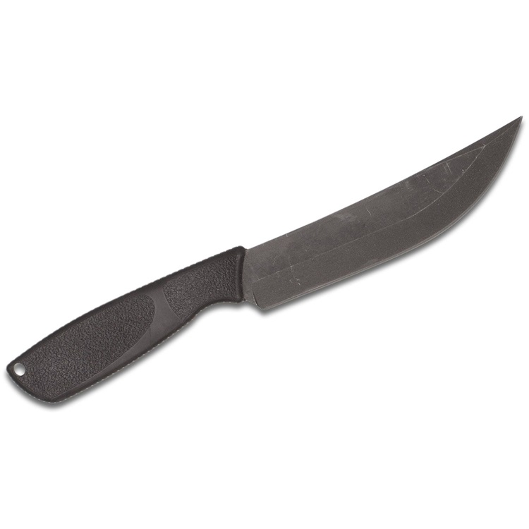 the back of a fixed black military combat knife