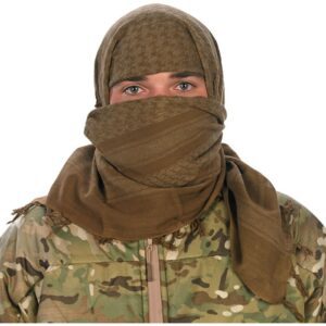 an Army soldier wearing a coyote brown tactical shemagh