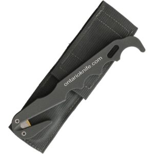 an olive drab (green) military-issue strap cutter over its nylon sheath