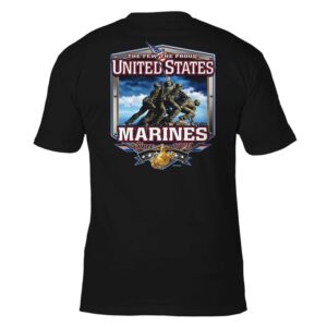 the back of a US Marine Corps shirt showing the raising the flag