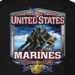 closeup of the back of a US Marine Corps shirt showing the raising the flag