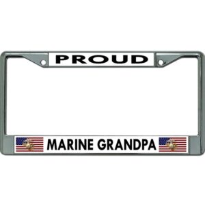 a chrome US Marine Corps license plate that says "Proud Marine Grandpa" and has two USA flags