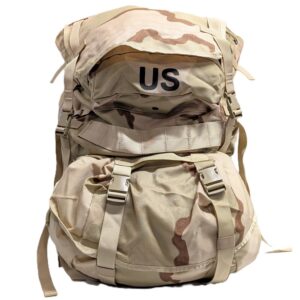 the front of a tri-color desert USGI MOLLE II Rucksack