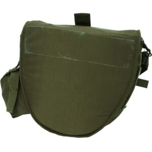 the back of an olive drab USGI gas mask carrier
