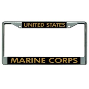 a chrome USMC license plate with the words "United States Marine Corps"