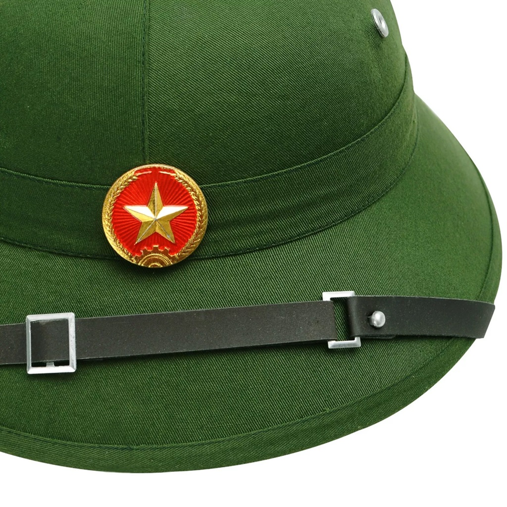 an olive drab Vietcong Vietnamese military pith helmet