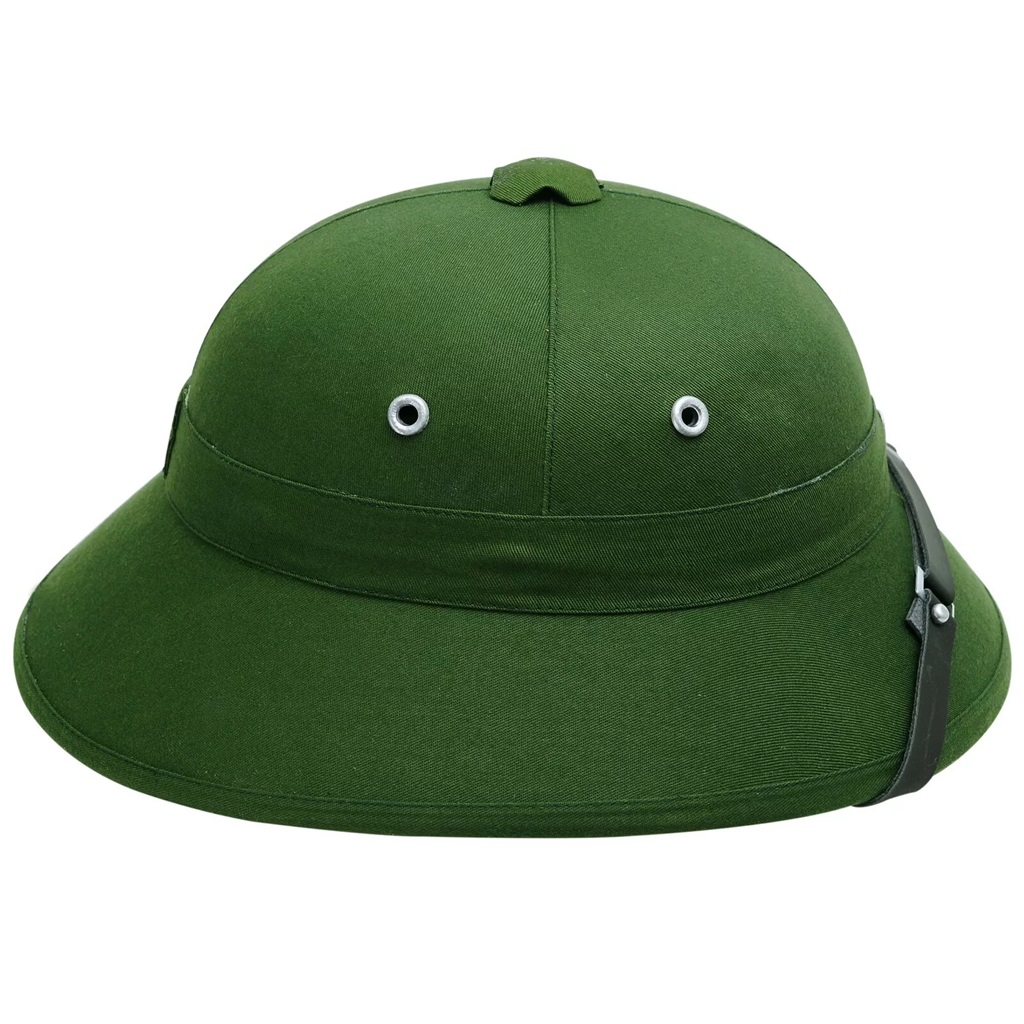 an olive drab Vietcong Vietnamese military pith helmet