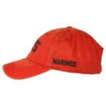 the side of a scarlet red US Marine Corps baseball hat with 1775 embroidered on the front