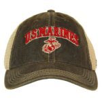 a chocolate brown and red vintage-look US Marines baseball hat with an embroidered EGA