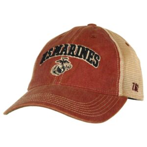 a cardinal red vintage-look US Marines baseball hat with an embroidered EGA