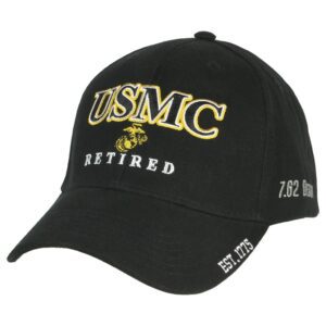 the front of a black and gold Retired USMC baseball hat