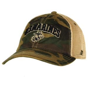a woodland camouflage and tan vintage-look US Marines baseball hat with an embroidered EGA