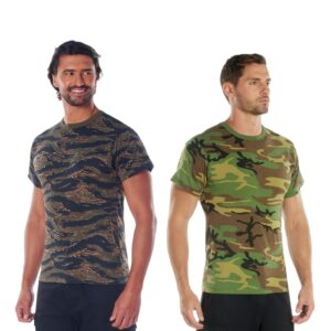 soldiers wearing a tiger stripe camo and a woodland camouflage t-shirt
