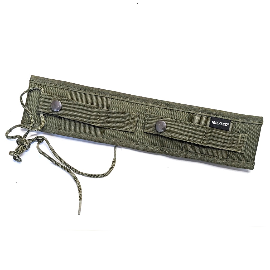 a Mil-Tec black military combat knife with an olive drab sheath