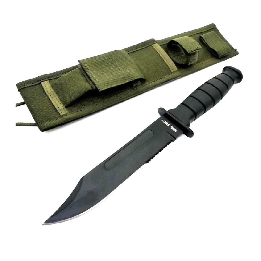 a Mil-Tec black military combat knife with an olive drab sheath