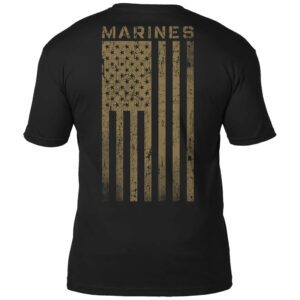 a black US Marine Corps pt t-shirt with an EGA on the front and a large reverse US flag and MARINES on the back