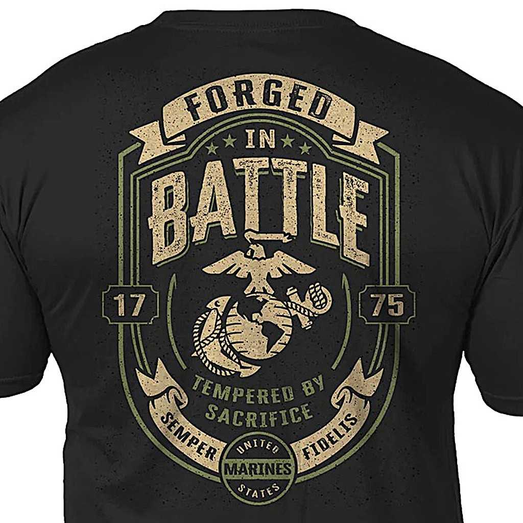 the back of a black Marine Corps t-shirt with a large coyote print EGA