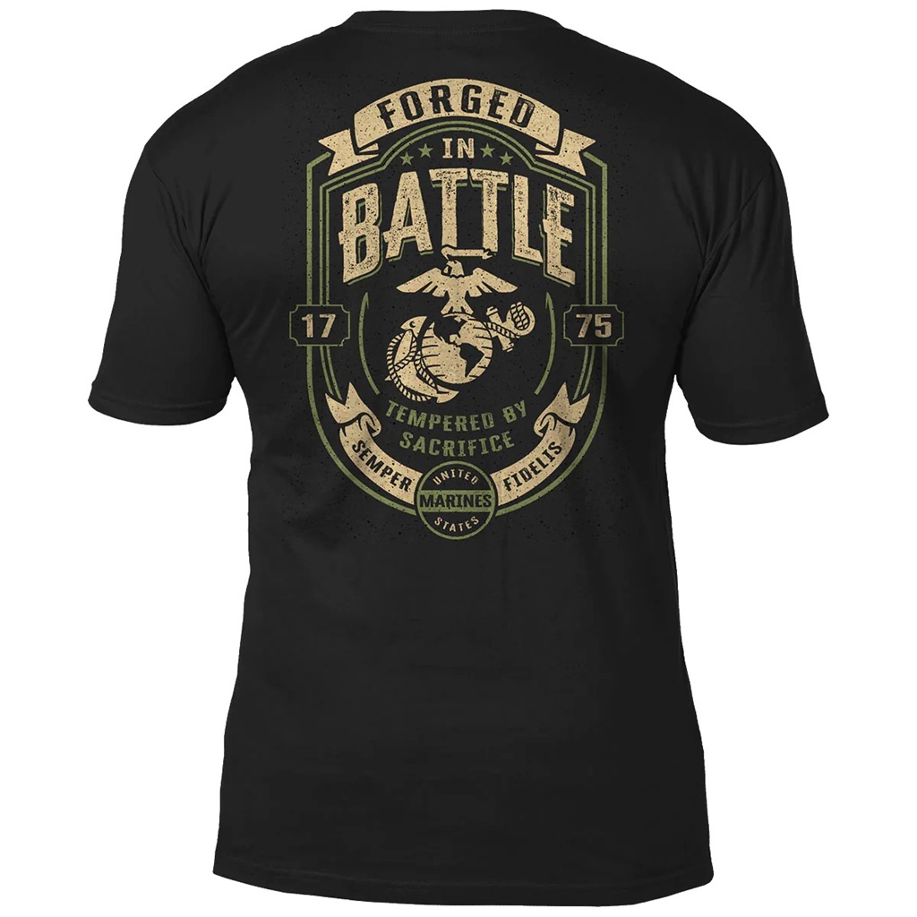 the back of a black Marine Corps t-shirt with a large coyote print EGA