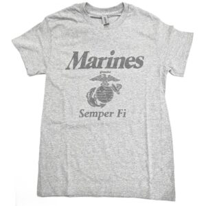 an oxford gray athletic, reflective print Marines PT t-shirt with the USMC EGA logo