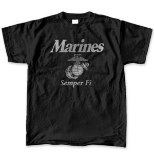 a black Marines pt shirt with reflective gray print