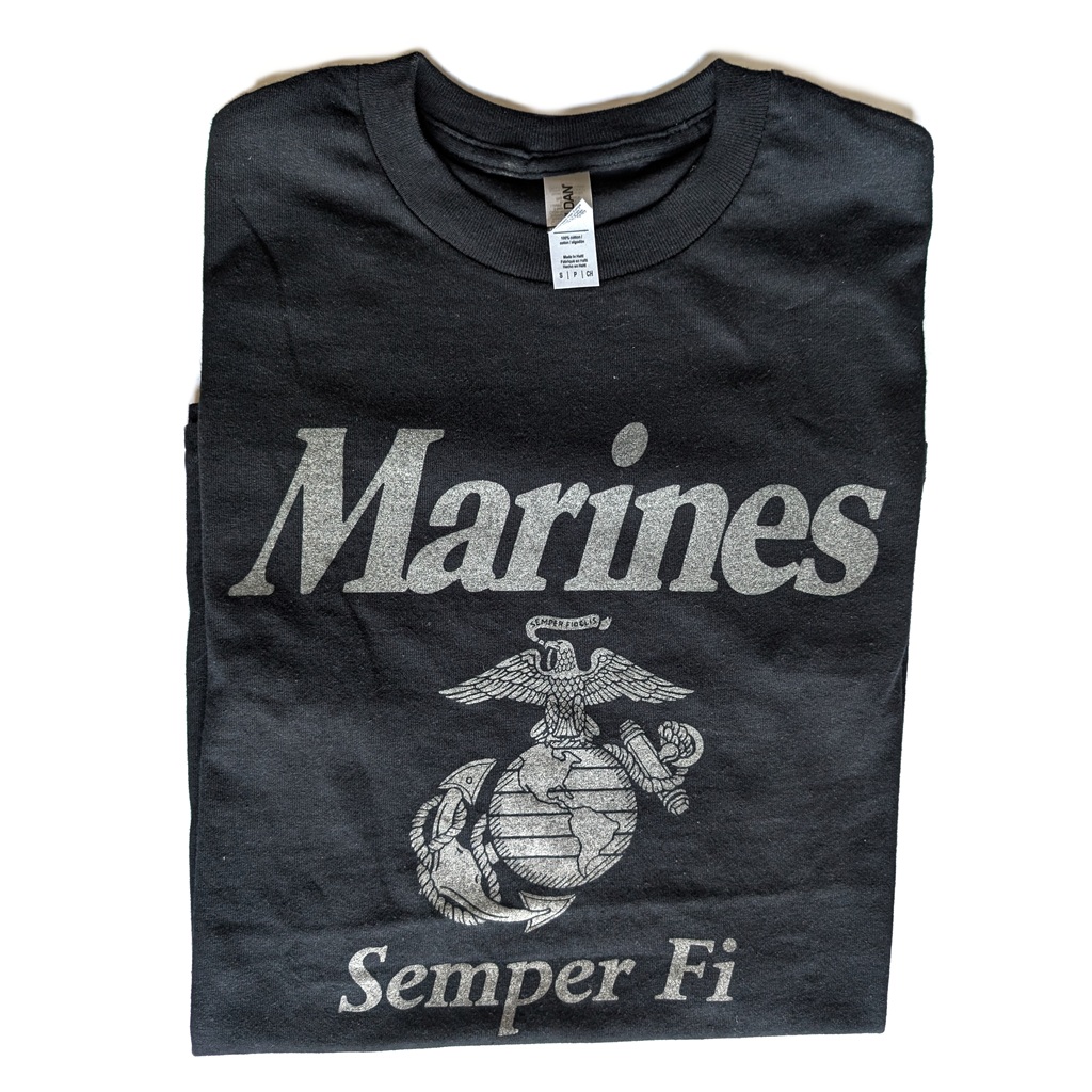 a black Marines pt shirt with reflective gray print