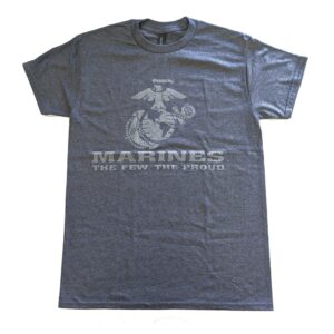 a charcoal gray USMC t-shirt with a large Eagle, Globe, & Anchor, plus the text "MARINES" "THE FEW THE PROUD." The print is light gray and reflective.