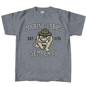 a vintage-look US Marine Corps charcoal gray t-shirt with an weathered Marine Corps bulldog mascot with the words "MARINE CORPS" "SEMPER FI" and "EST 1775"