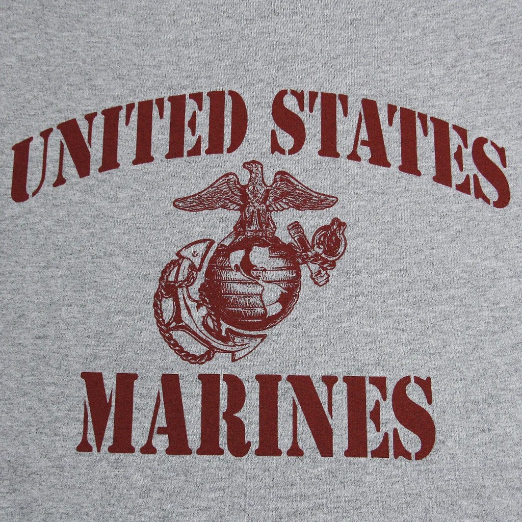 a gray United States Marines PT shirt with burgundy red military stencil
