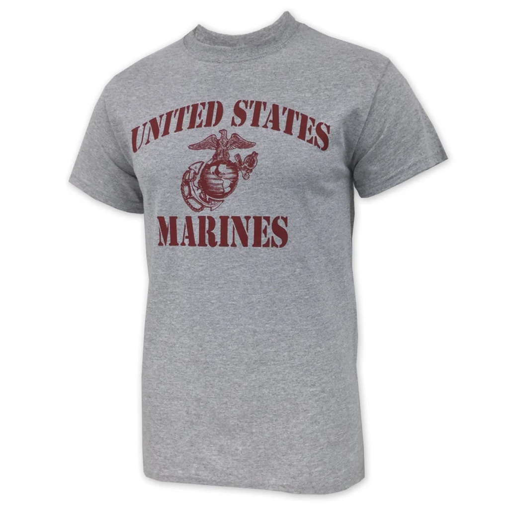 a gray United States Marines PT shirt with burgundy red military stencil