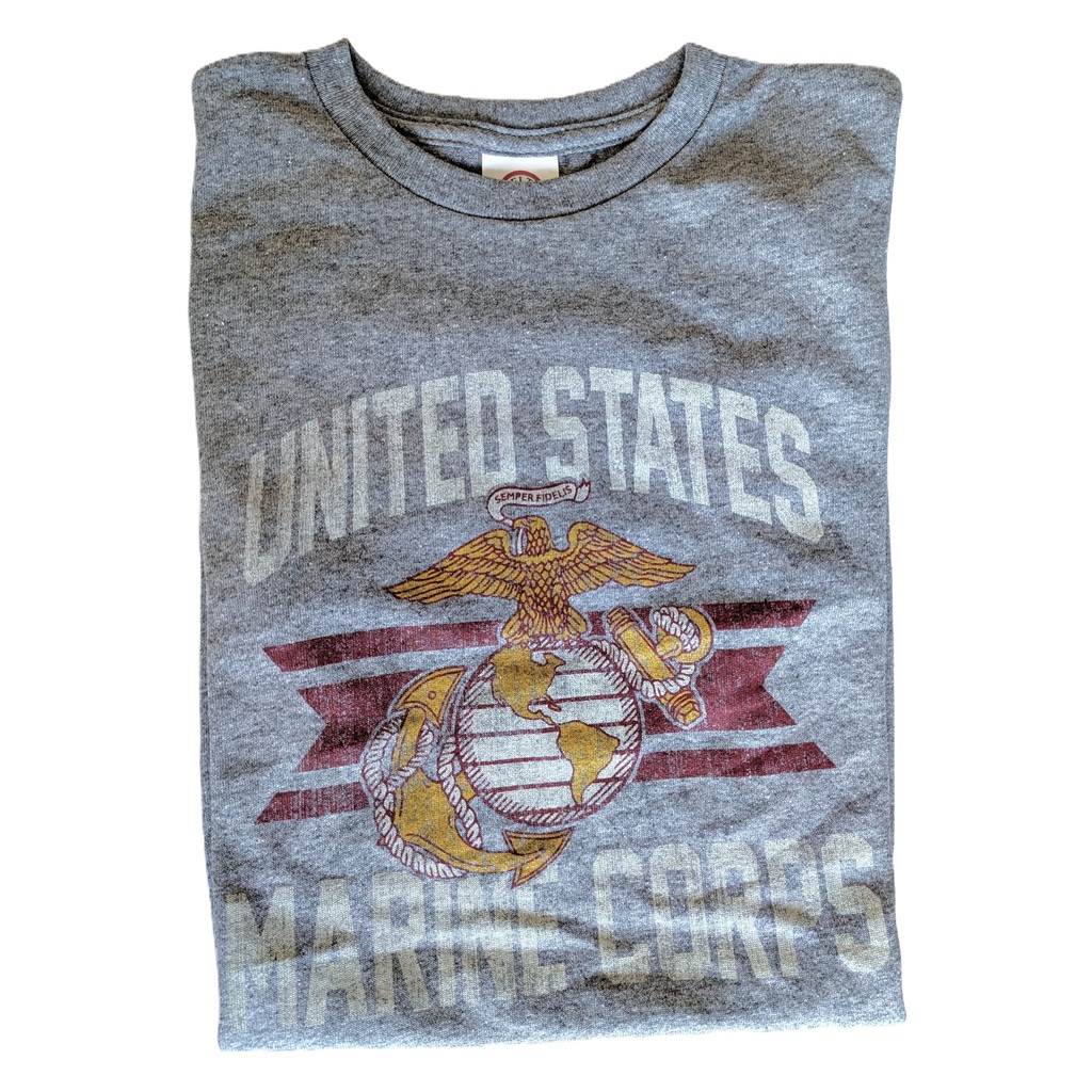 a gray USMC PT shirt with a vintage look emblem