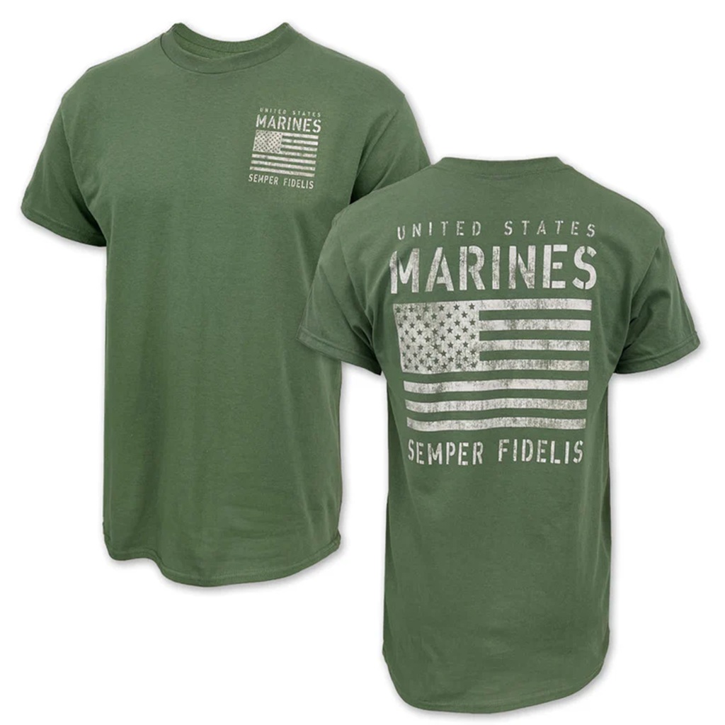 US Marines Distressed Flag Olive Drab T-Shirt - USMC OD Shirt