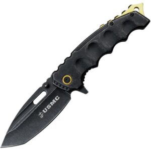 a heavy duty black and gold US Marine Corps pocket knife