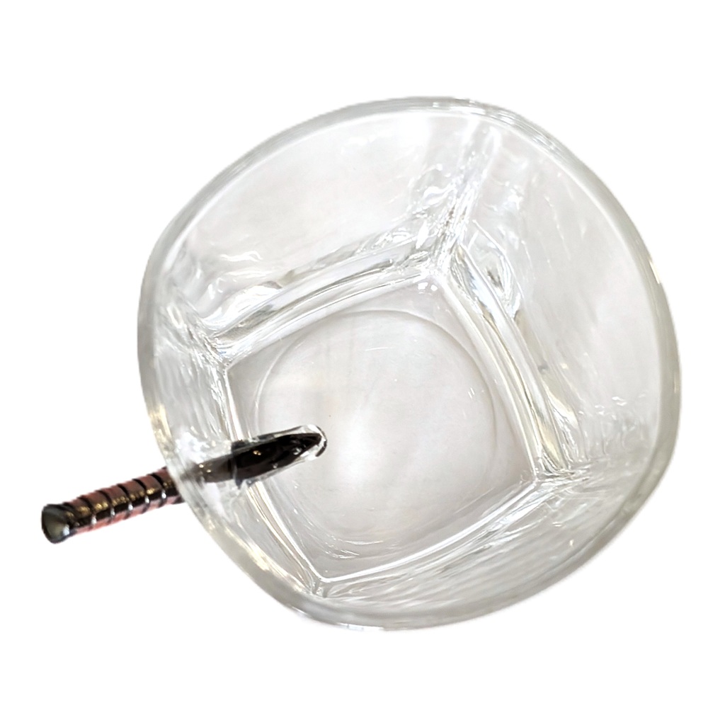 a US Marine Corps whiskey glass with a miniature KABAR combat utility knife replica sticking into the glass
