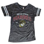 a dark gray US Marine Corps women's t-shirt with striped sleeves and a large vintage-look EGA